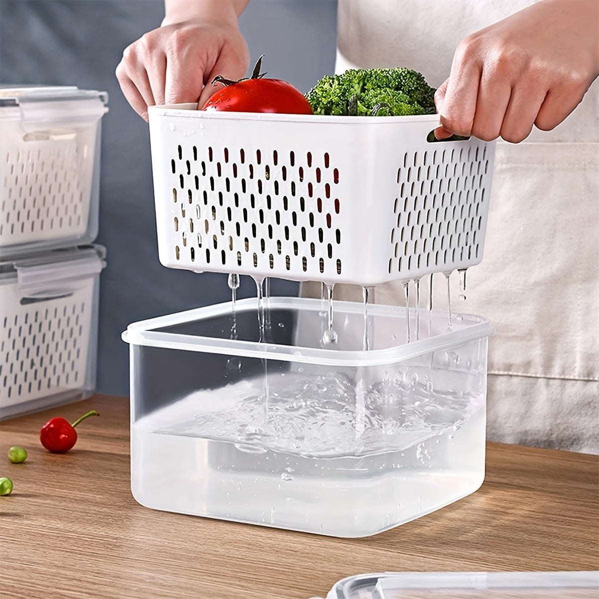 Conjunto de 10 Peças: 4 Recipientes + 4 Tampas + 2 Cestos de Drenagem. Recipientes para Armazenamento de Alimentos com Tampas de Encaixe e Cestos de Drenagem - À Prova de Vazamentos, Caixas de Armazenamento para Geladeira, Organizadores de Cozinha Reutili