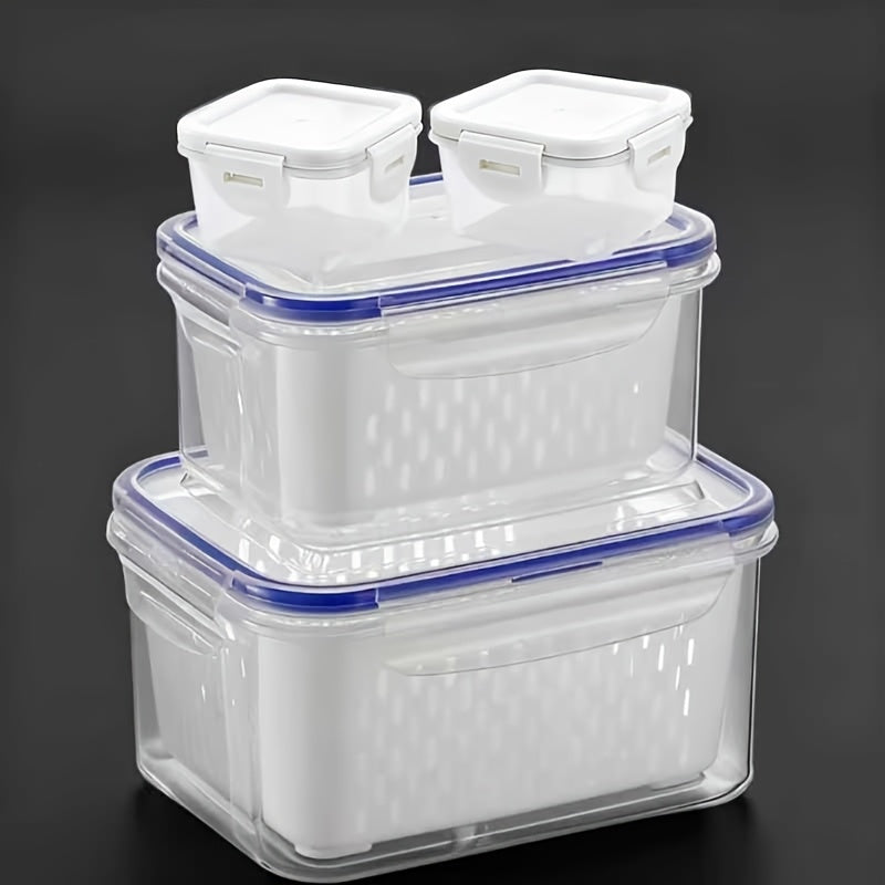 Conjunto de 10 Peças: 4 Recipientes + 4 Tampas + 2 Cestos de Drenagem. Recipientes para Armazenamento de Alimentos com Tampas de Encaixe e Cestos de Drenagem - À Prova de Vazamentos, Caixas de Armazenamento para Geladeira, Organizadores de Cozinha Reutili