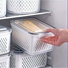 Conjunto de 10 Peças: 4 Recipientes + 4 Tampas + 2 Cestos de Drenagem. Recipientes para Armazenamento de Alimentos com Tampas de Encaixe e Cestos de Drenagem - À Prova de Vazamentos, Caixas de Armazenamento para Geladeira, Organizadores de Cozinha Reutili
