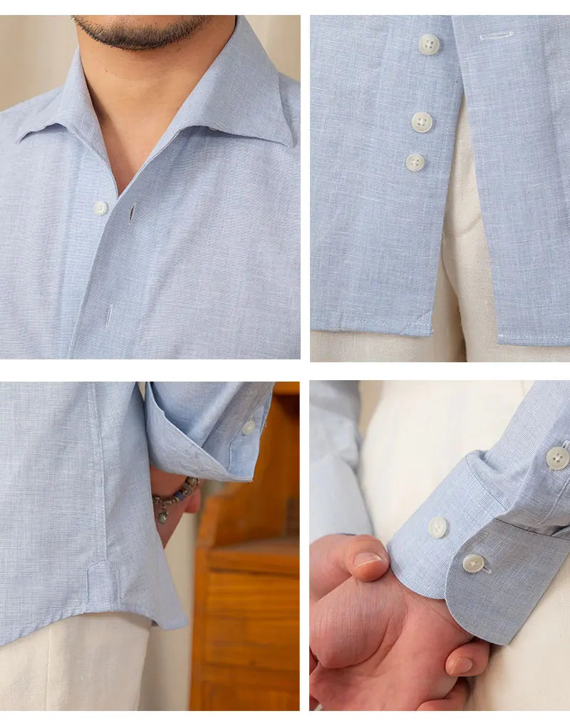 Camisa Social Masculina de Algodão e Linho - Azul Claro