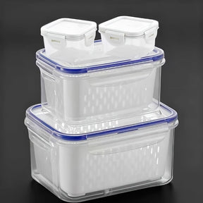 Conjunto de 10 Peças: 4 Recipientes + 4 Tampas + 2 Cestos de Drenagem. Recipientes para Armazenamento de Alimentos com Tampas de Encaixe e Cestos de Drenagem - À Prova de Vazamentos, Caixas de Armazenamento para Geladeira, Organizadores de Cozinha Reutili